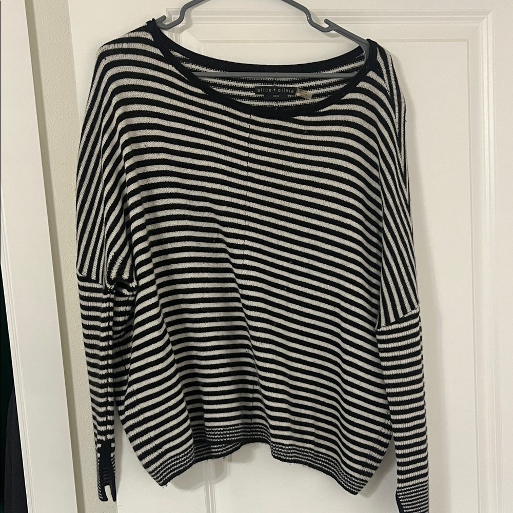 Alice + Olivia Black and White Striped Crew Neck Sweater